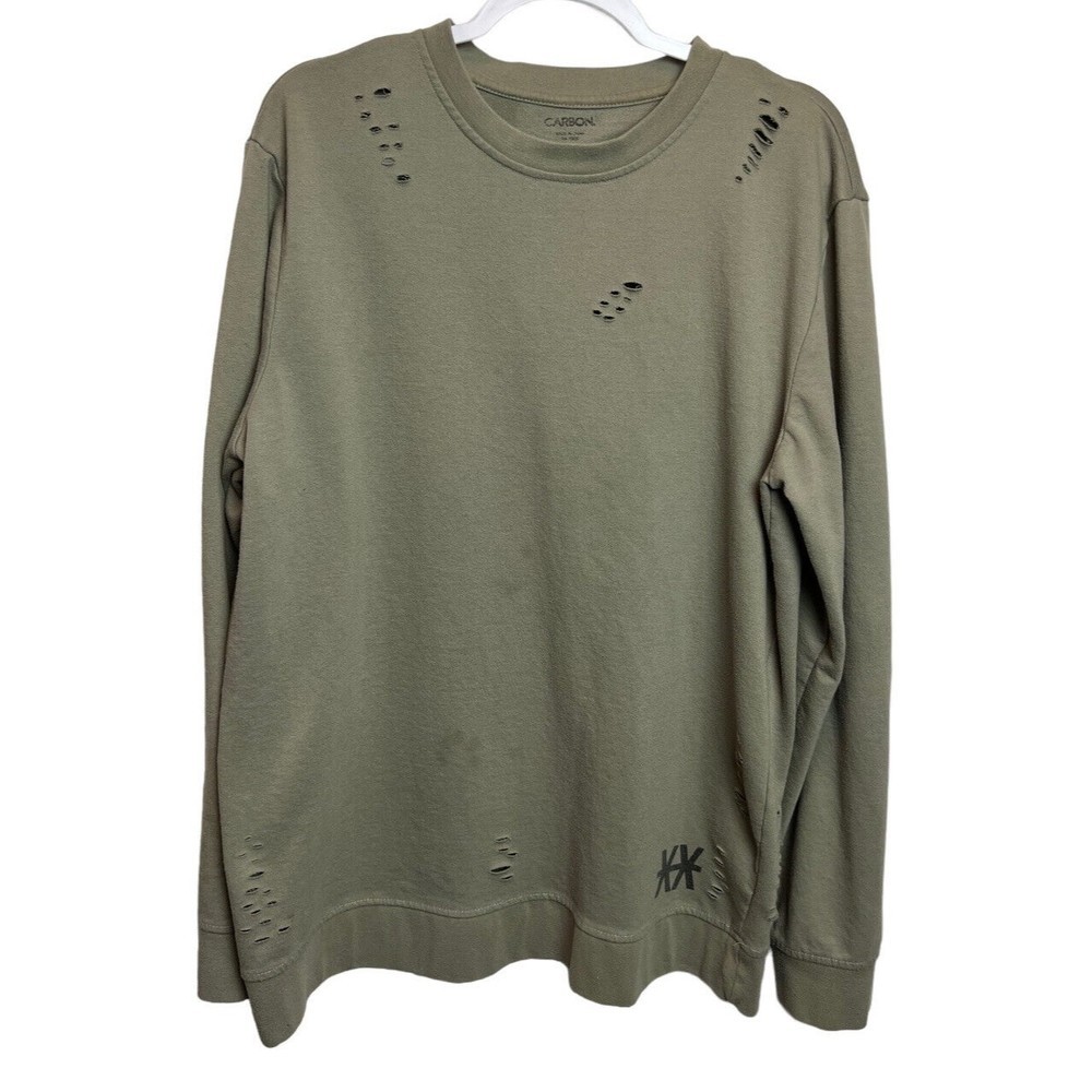 Carbon Olive  Green Long Sleeve Shirt Tattered Trashed Distressed READ Sz XL